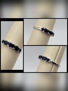 925 Sterling Silver Blue Sapphire Ring Baguette Stones Size 10 Statement Band